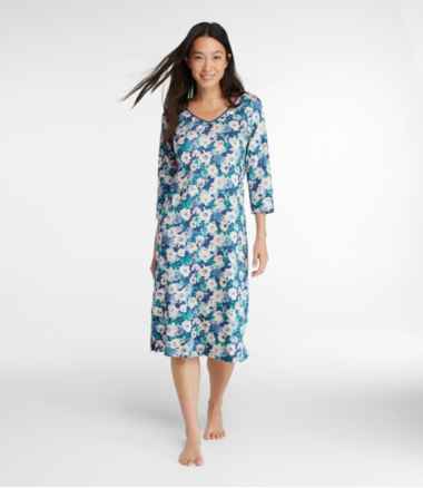 Women's Supima Nightgown, V-Neck Three-Quarter-Sleeve Print