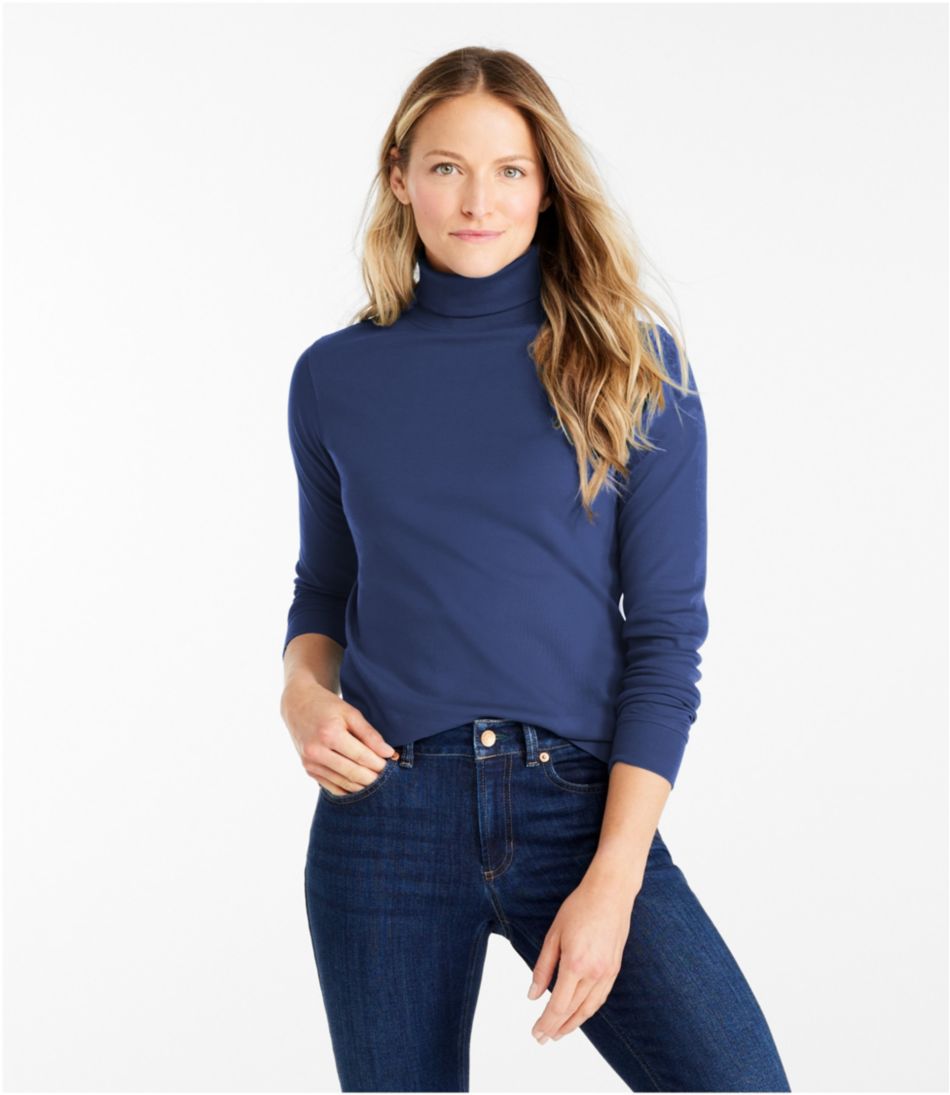 Women's L.L.Bean Interlock Mock-Turtleneck, Long-Sleeve Alpine Blue Small, Cotton