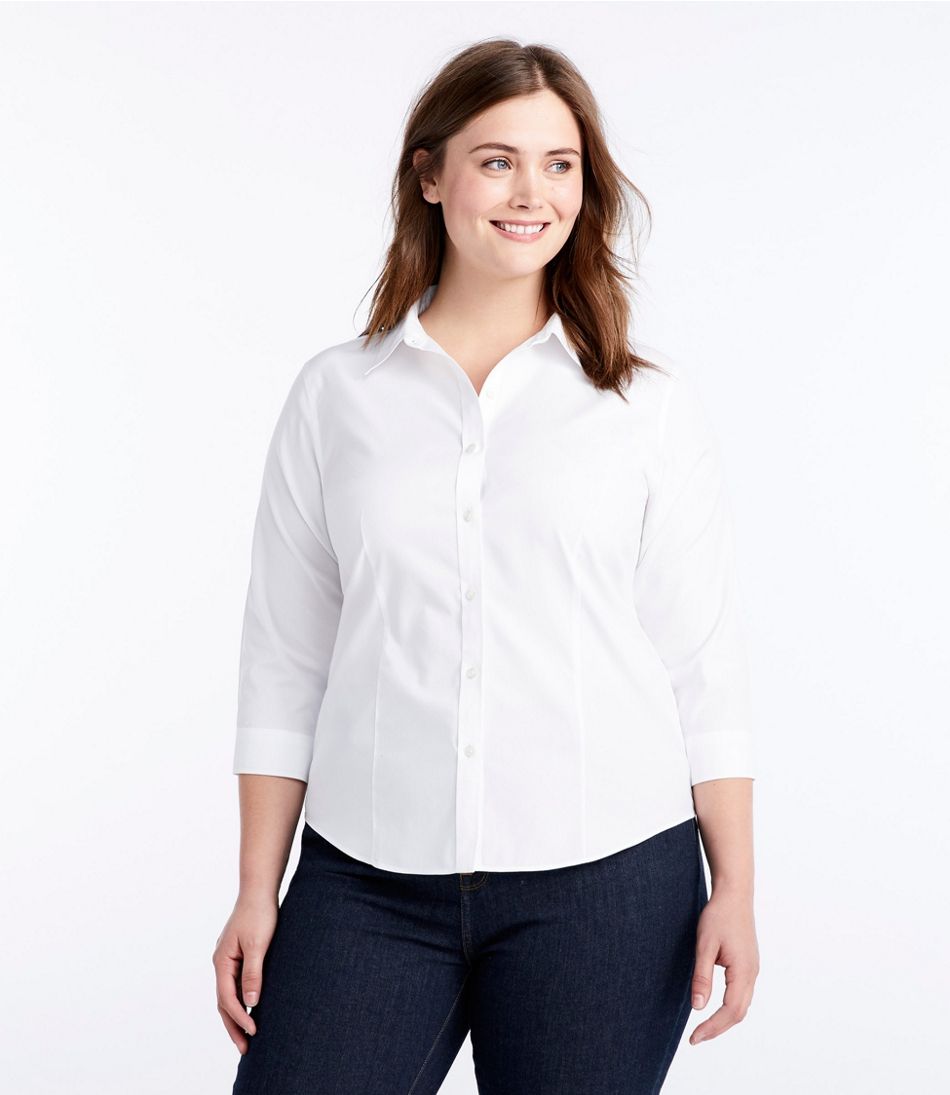 Women's Wrinkle-Free Pinpoint Oxford Shirt, Three-Quarter-Sleeve ...