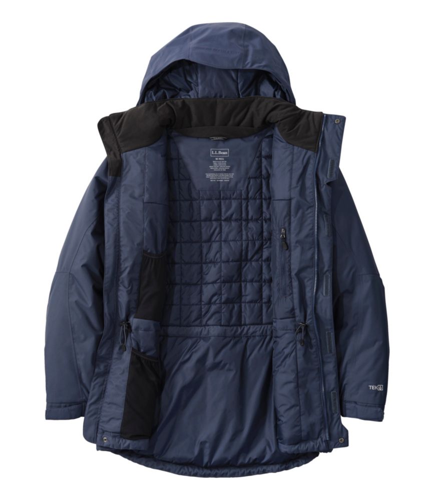 Men's navy waterproof parka shown open, with quilted insulated lining, hood, and multiple interior pockets.