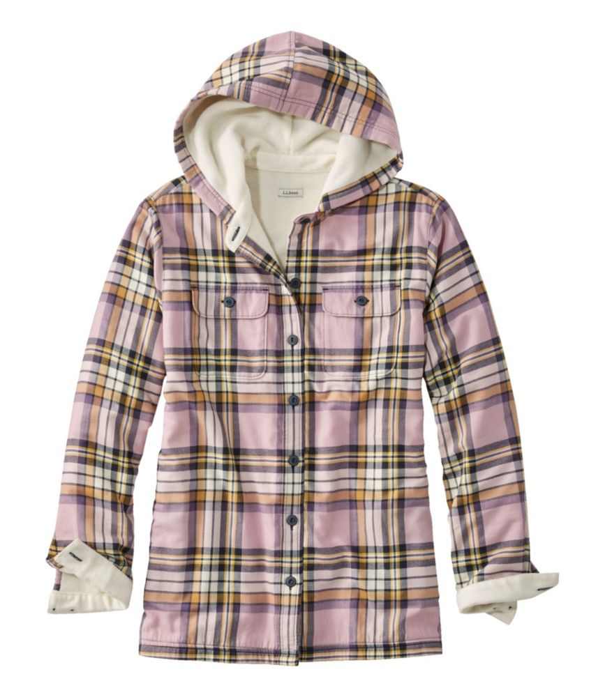 Women's Fleece-Lined Flannel Hoodie, Plaid, Light Mauve, small image number 1