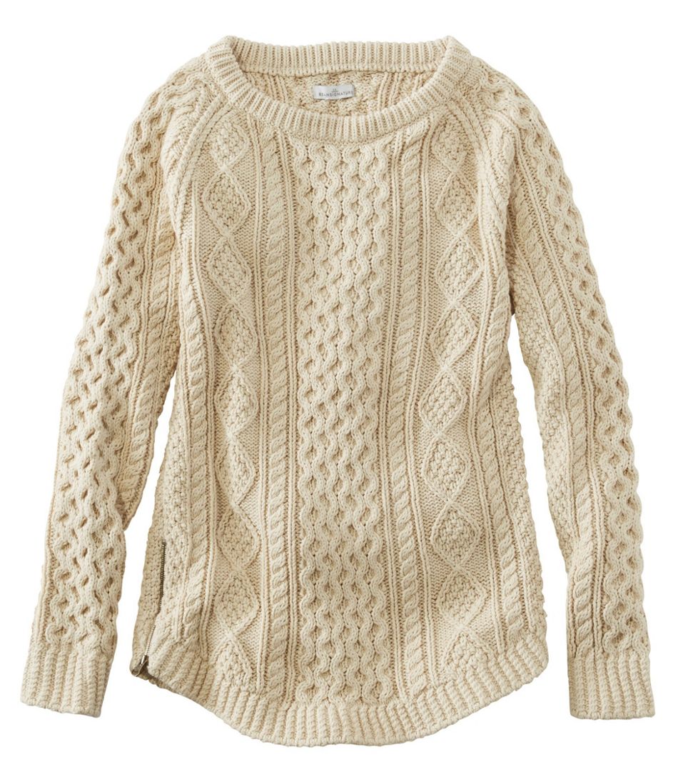 Women's Signature Cotton Fisherman Tunic Sweater Beige Large, Cotton/Wool/Cotton Yarns | L.L.Bean, Petite