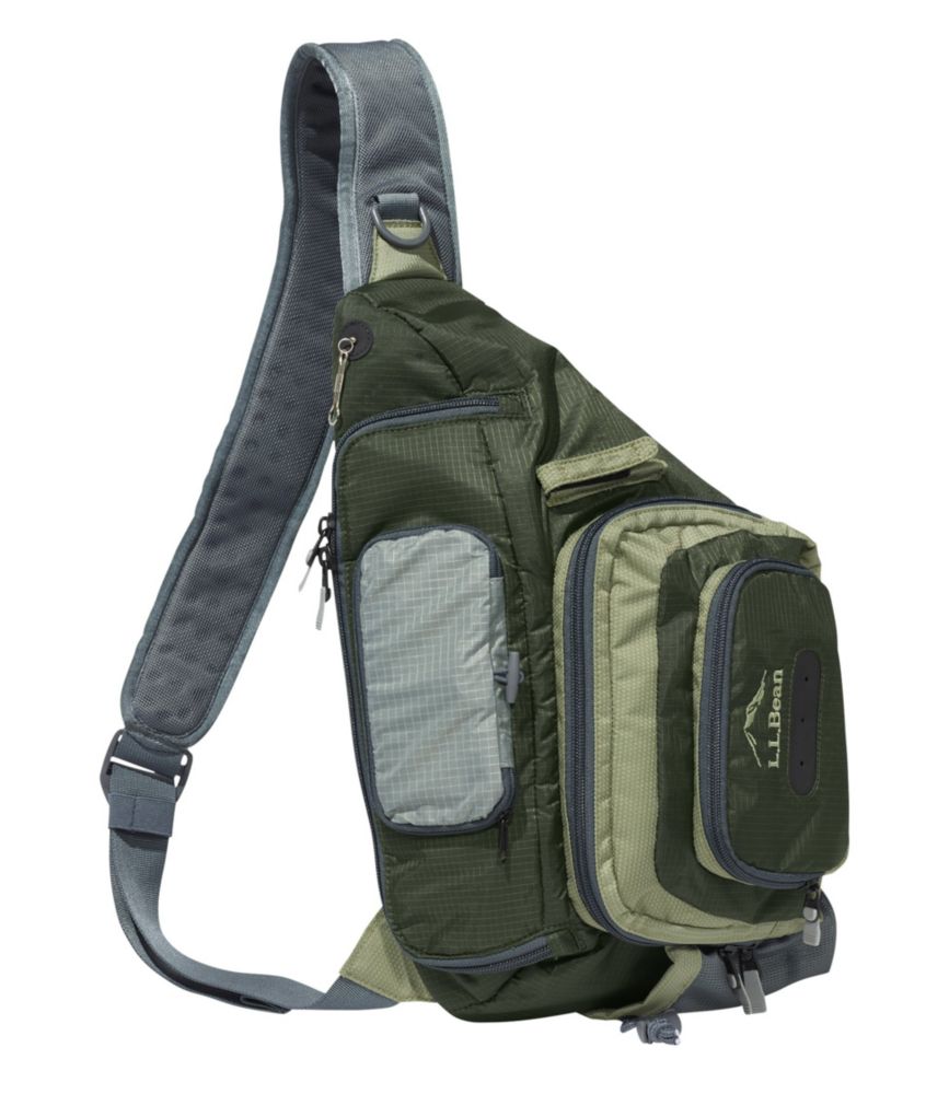 This fly fishing sling pack shows the L.L.Bean Rapid River Sling Pack.