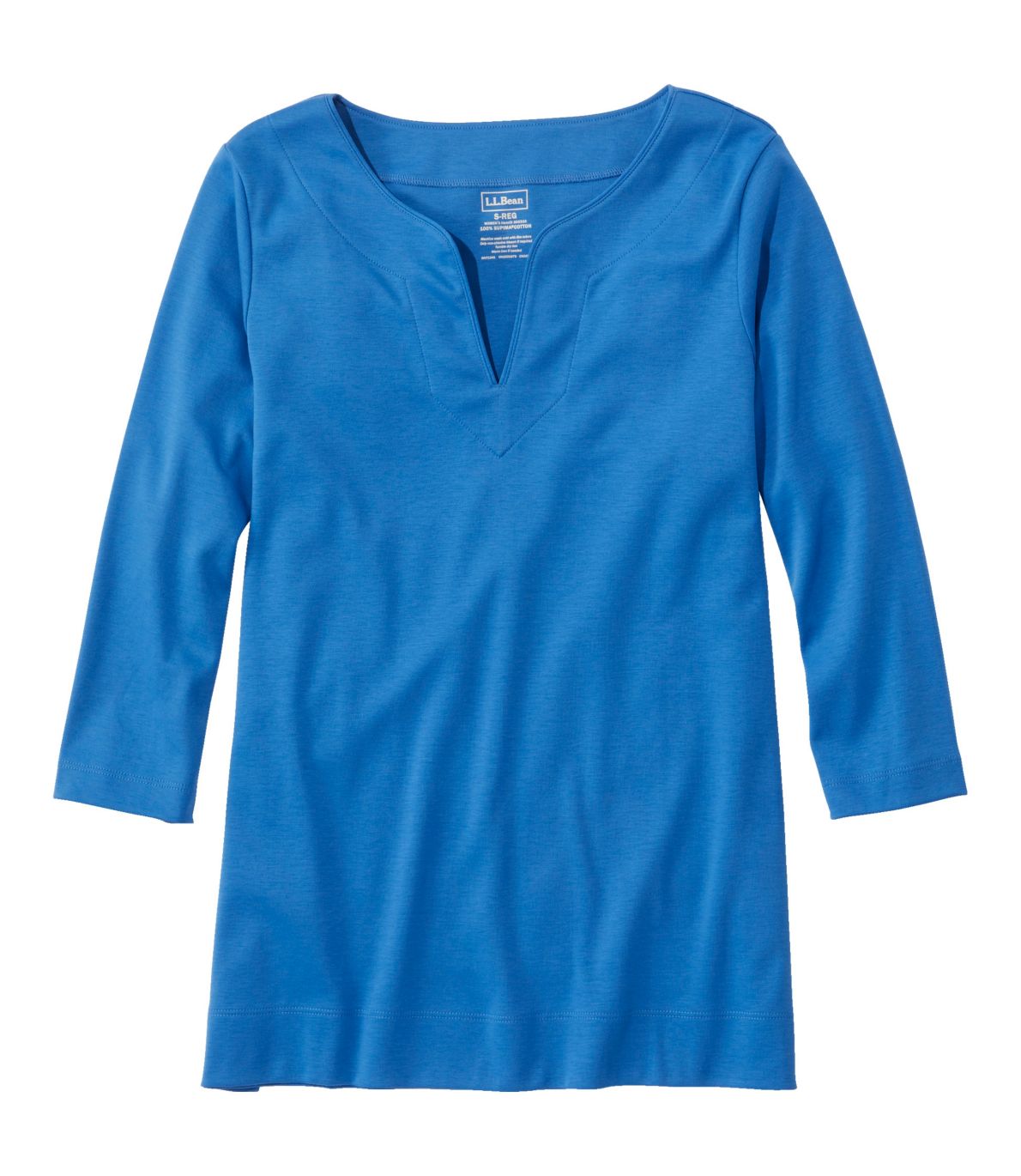 Women's Pima Cotton Tunic, Three-Quarter-Sleeve Splitneck