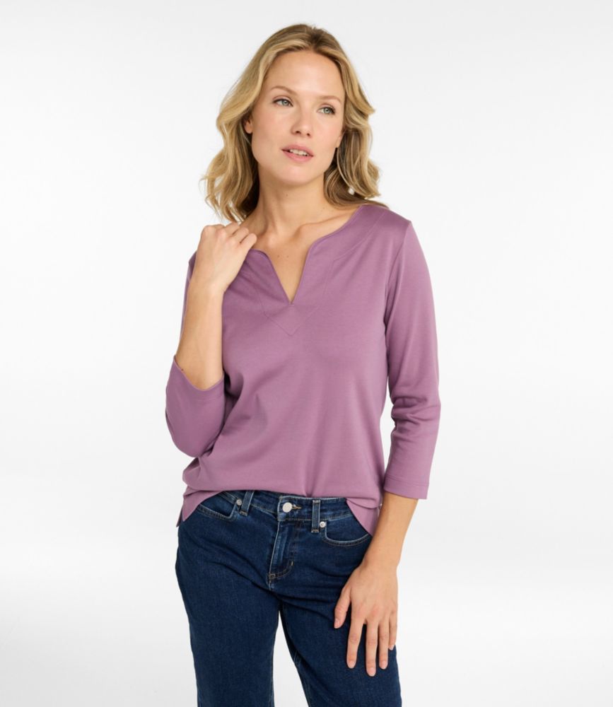 Women's Pima Cotton Tunic, Three-Quarter-Sleeve Splitneck