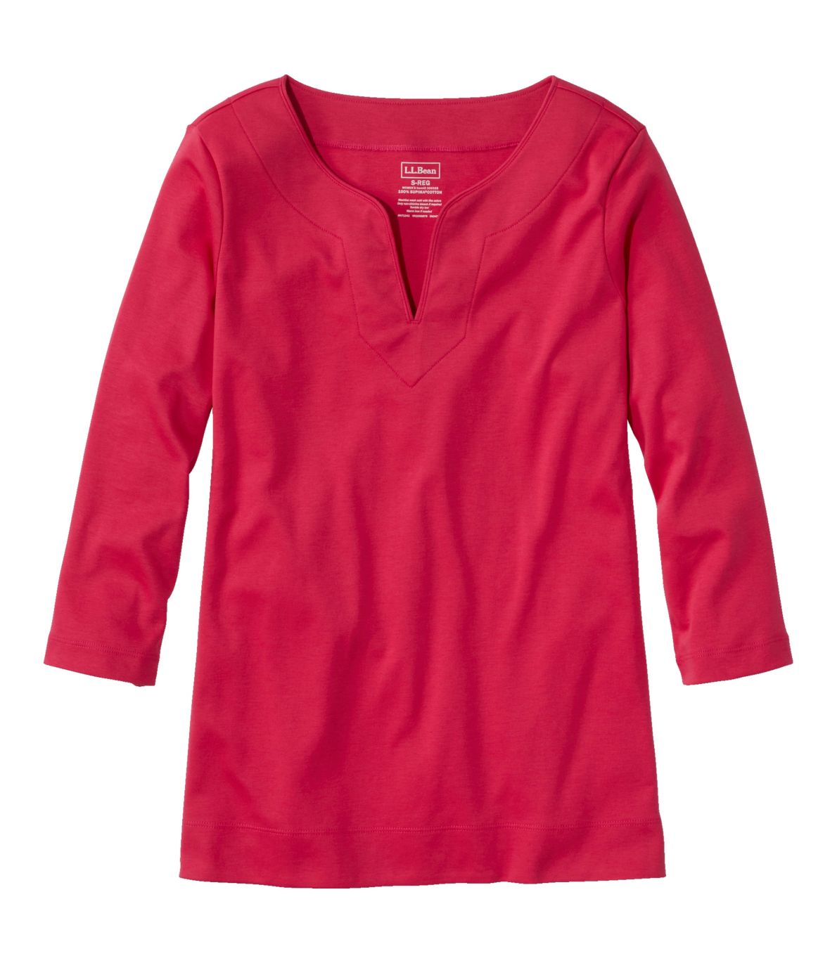 Women's Pima Cotton Tunic, Three-Quarter-Sleeve Splitneck