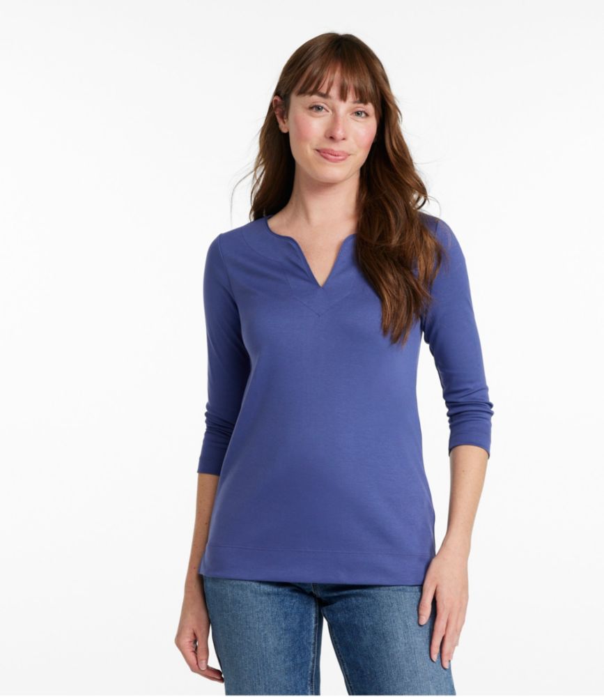 Women's Pima Cotton Tunic, Three-Quarter-Sleeve Splitneck