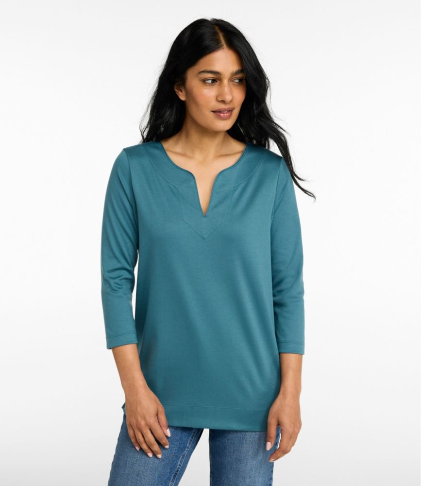 Women's Pima Cotton Tunic, Three-Quarter-Sleeve Splitneck