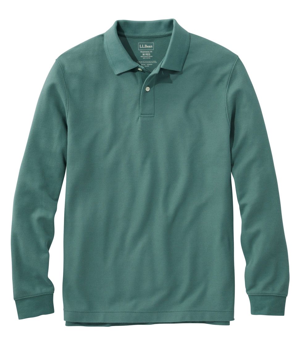 Men's Premium Double L Polo, Long-Sleeve Without Pocket Camp Green Large, Cotton | L.L.Bean, Regular