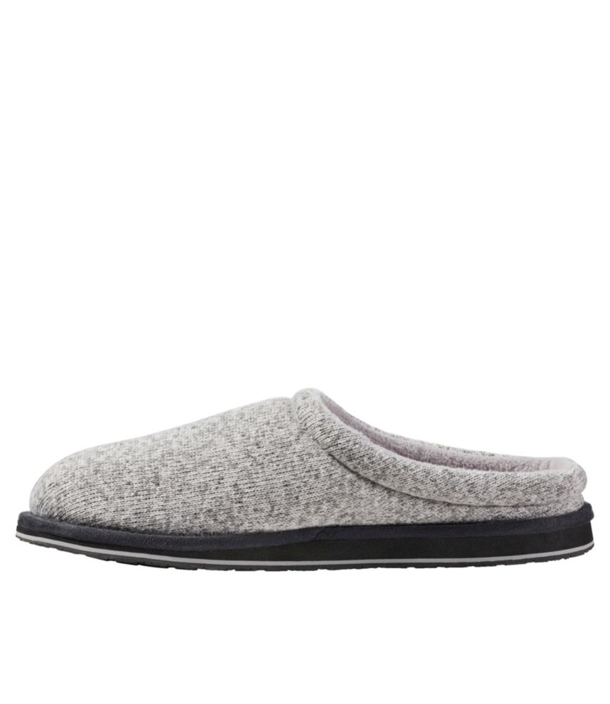 Men's gray heather sweater-fleece slipper scuff with open heel and black sole, side view on white background.