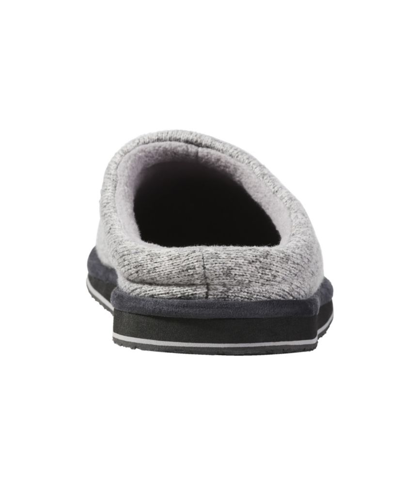 Men's gray heather sweater fleece slipper scuff rear view showing low back and dark rubber sole.