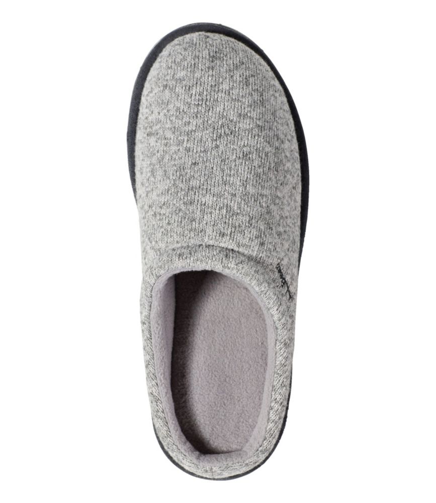 Men’s gray heather sweater-fleece scuff slipper, top view showing plush lining and black outsole trim.