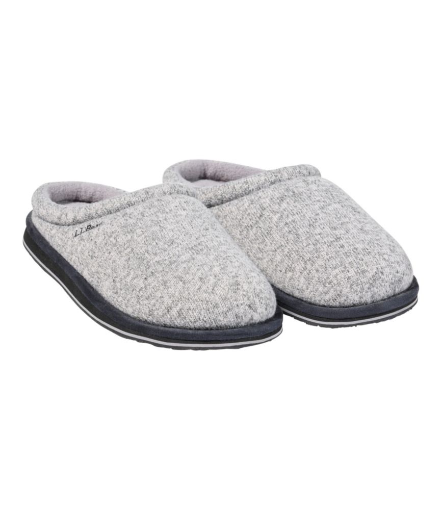 Men's gray heather sweater fleece slipper scuff with open back and dark rubber sole, shown from side angle.