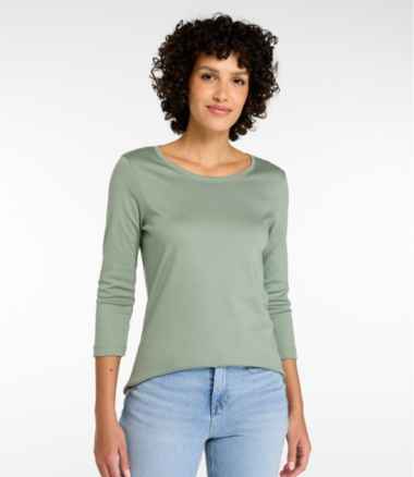 Women's Pima Cotton Shaped Tee, Three-Quarter-Sleeve Jewelneck