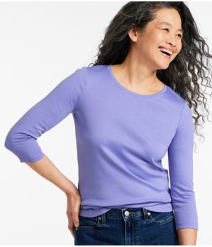 Women's Pima Cotton Shaped Tee, Three-Quarter-Sleeve Jewelneck