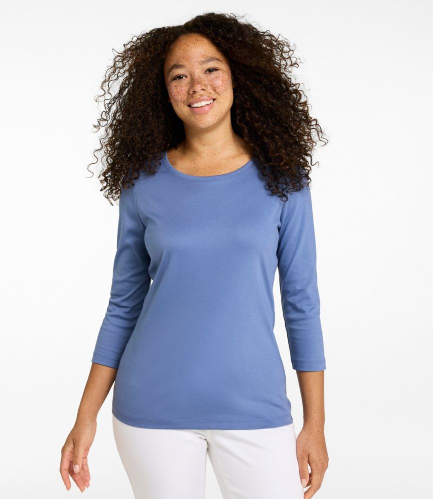 Women's Pima Cotton Shaped Tee, Three-Quarter-Sleeve Jewelneck