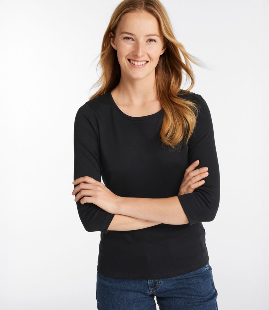 Women's Pima Cotton Shaped Tee, ThreeQuarterSleeve Jewelneck Shirts