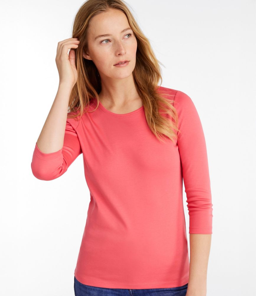 Women's Pima Cotton Shaped Tee, Three-Quarter-Sleeve Jewelneck