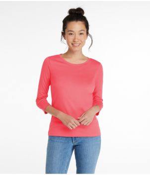 Women's Pima Cotton Shaped Tee, Three-Quarter-Sleeve Jewelneck