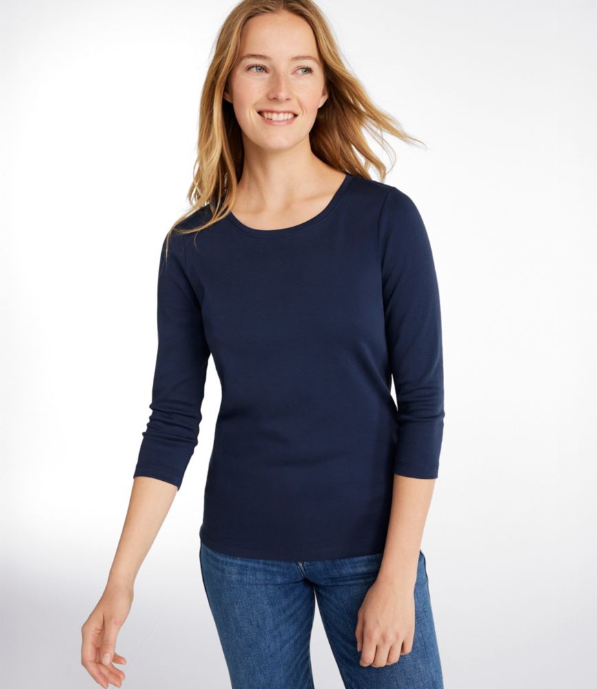 Women's Pima Cotton Shaped Tee, Three-Quarter-Sleeve Jewelneck