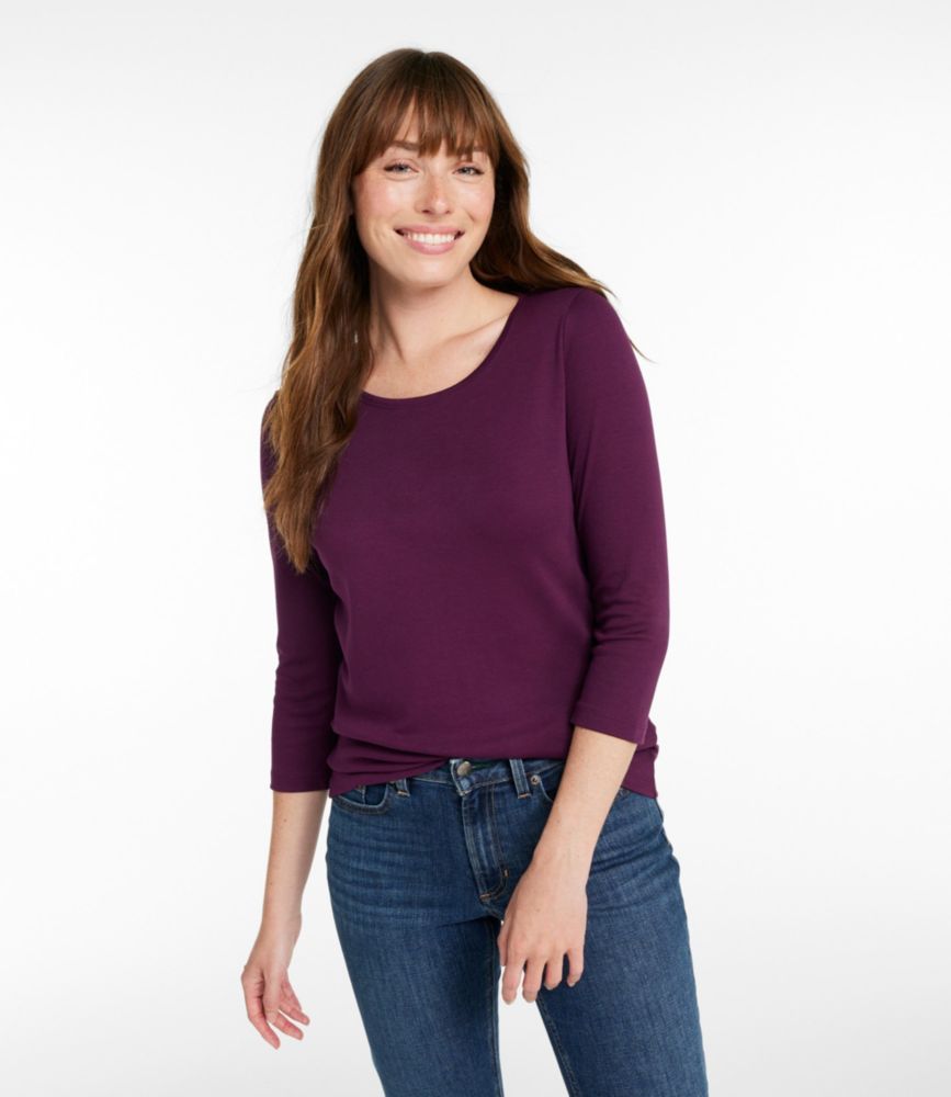 Women's Pima Cotton Shaped Tee, Three-Quarter-Sleeve Jewelneck