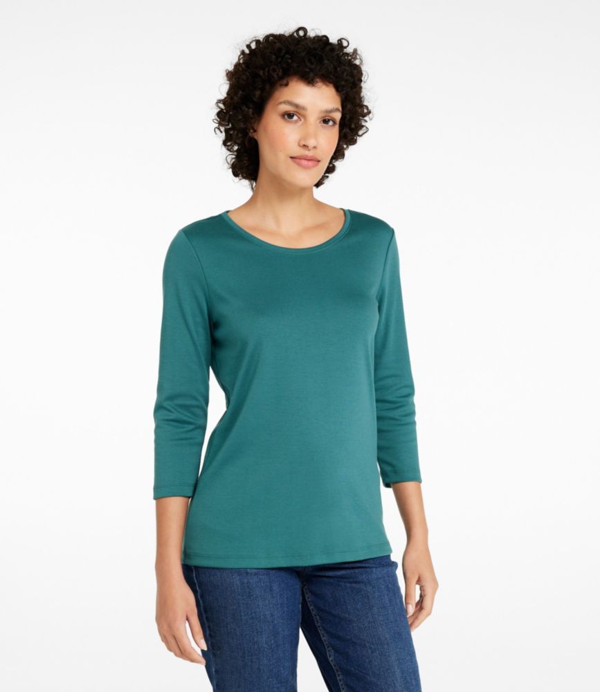 Women's Pima Cotton Shaped Tee, Three-Quarter-Sleeve Jewelneck