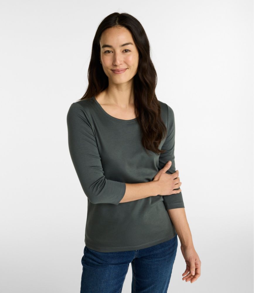 Women's Pima Cotton Shaped Tee, Three-Quarter-Sleeve Jewelneck