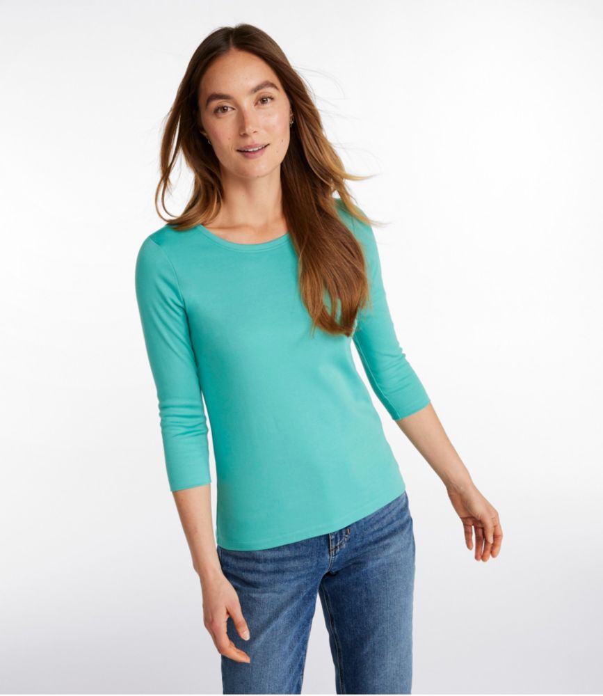 Women's Pima Cotton Shaped Tee, Three-Quarter-Sleeve Jewelneck