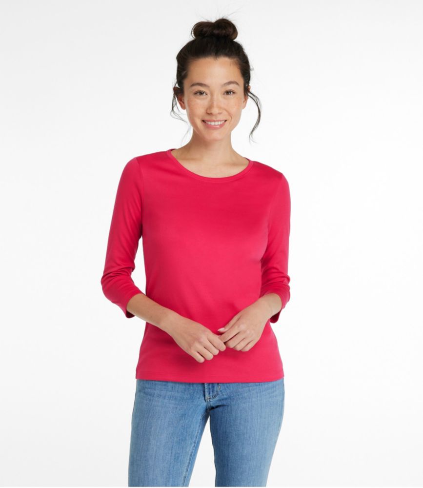 Women's Pima Cotton Shaped Tee, Three-Quarter-Sleeve Jewelneck