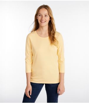 Women's Pima Cotton Shaped Tee, Three-Quarter-Sleeve Jewelneck