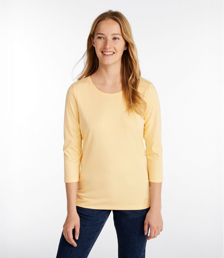 Women's Pima Cotton Shaped Tee, Three-Quarter-Sleeve Jewelneck