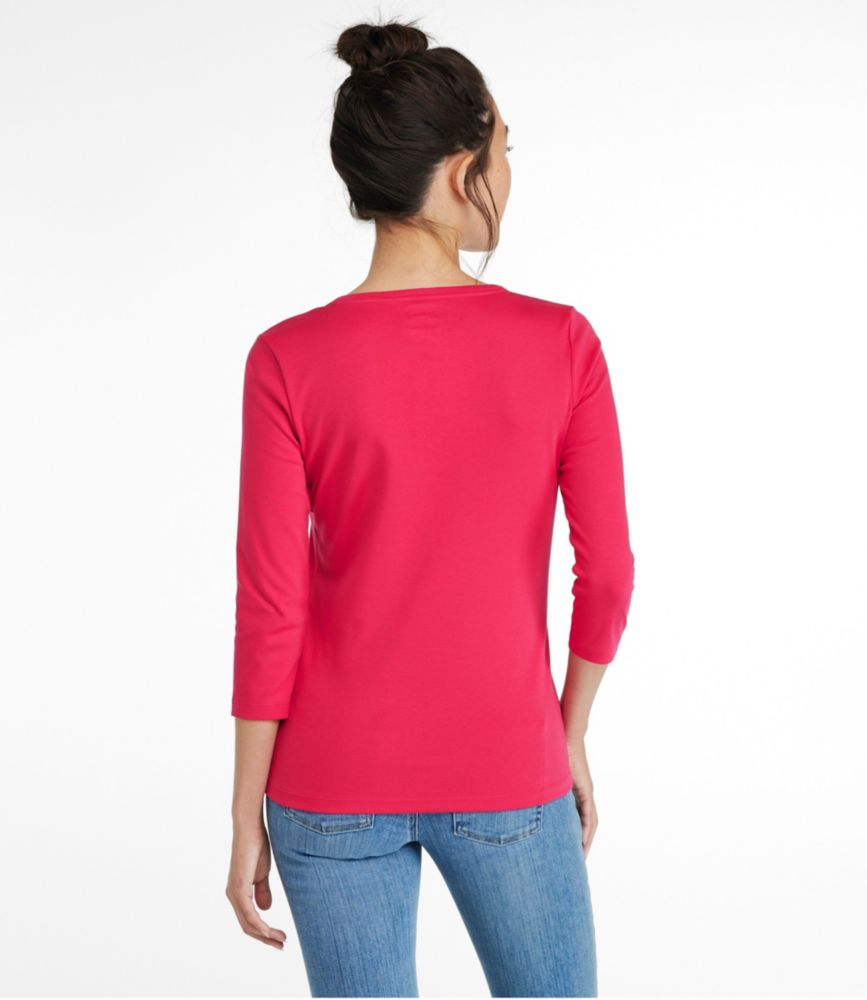 Women's Pima Cotton Shaped Tee, Three-Quarter-Sleeve Jewelneck