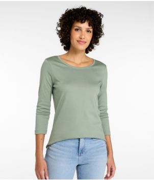 Women's Pima Cotton Shaped Tee, Three-Quarter-Sleeve Jewelneck