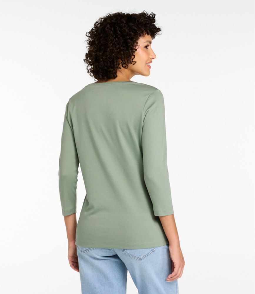 Women's Pima Cotton Shaped Tee, Three-Quarter-Sleeve Jewelneck