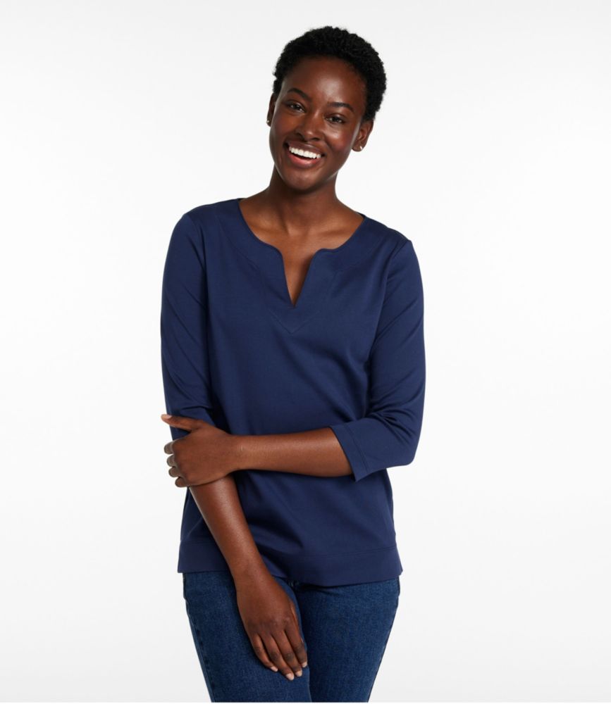 Women's Pima Cotton Tunic, Three-Quarter-Sleeve Splitneck