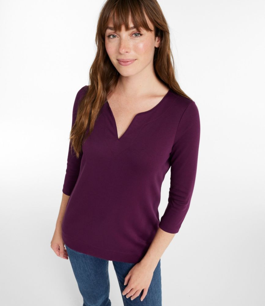Women's Pima Cotton Tunic, Three-Quarter-Sleeve Splitneck