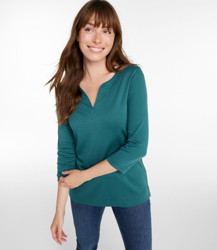 Women's Pima Cotton Tunic, Three-Quarter-Sleeve Splitneck