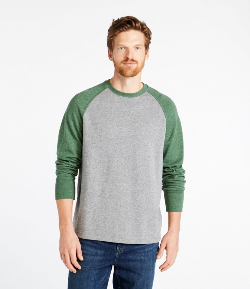 Men's Washed Cotton Double-Knit Crewneck, Slightly Fitted Long-Sleeve Colorblock, Bayside Blue Heather/Raven Blue Heather, small image number 2