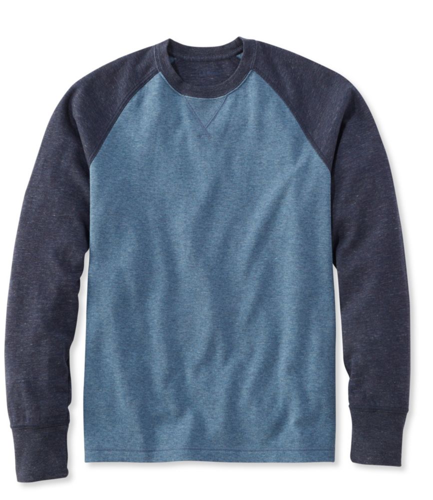 Men's Washed Cotton Double-Knit Crewneck, Slightly Fitted Long-Sleeve Colorblock, Bayside Blue Heather/Raven Blue Heather, small image number 1