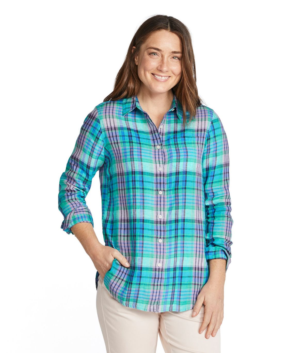 Women's Premium Washable Linen Shirt, Tunic Plaid at L.L. Bean