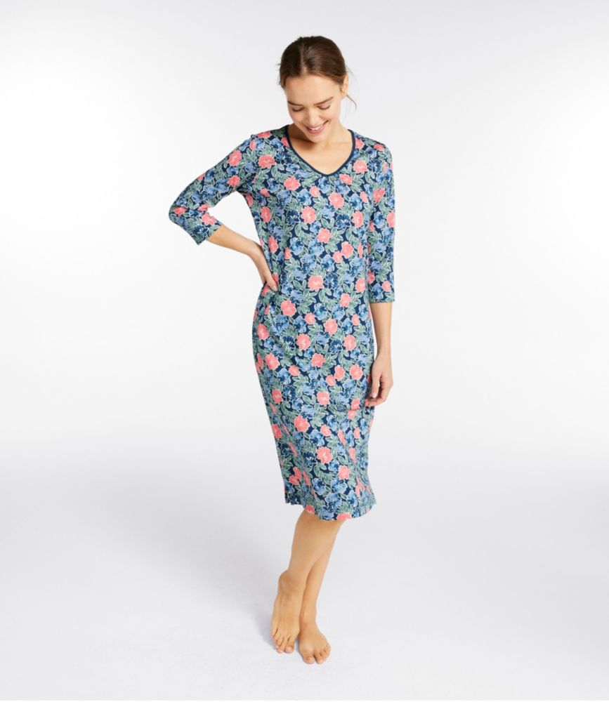 Women's Supima Nightgown, V-Neck Three-Quarter-Sleeve, Print, Dusty Green Floral, small image number 2