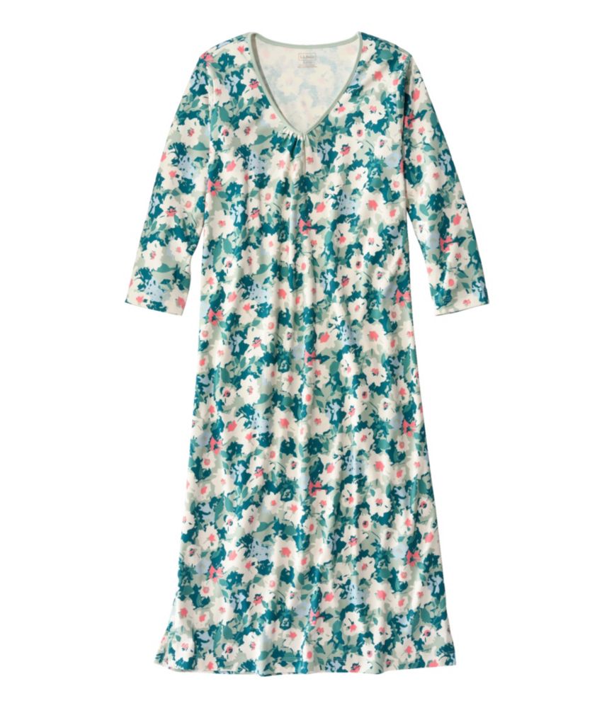 Women's Supima Nightgown, V-Neck Three-Quarter-Sleeve, Print, Dusty Green Floral, small image number 1