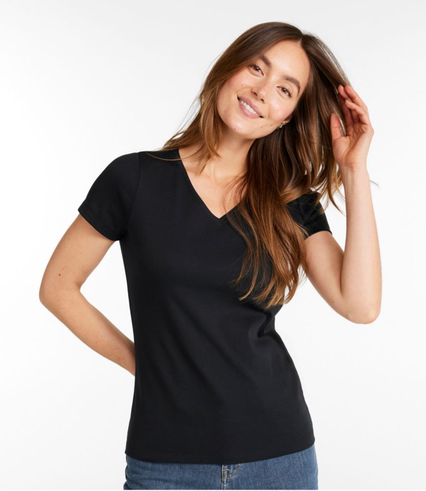 Women's Pima Cotton Shaped V-Neck, Short-Sleeve The shirt fits nicely, and seeing that I am an older woman and my upper arms are no longer extremely attractive, the shirt makes me look better, but it’s still comfy in hot weather because it has an elbow length sleeve
