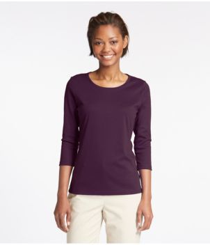 Women's Pima Cotton Shaped Tee, Three-Quarter-Sleeve Jewelneck