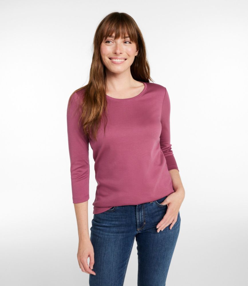Women's Pima Cotton Shaped Tee, Three-Quarter-Sleeve Jewelneck