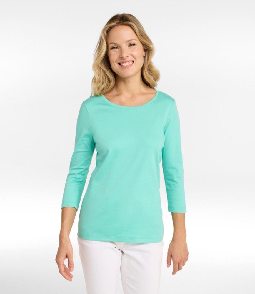 Women's Pima Cotton Shaped Tee, Three-Quarter-Sleeve Jewelneck