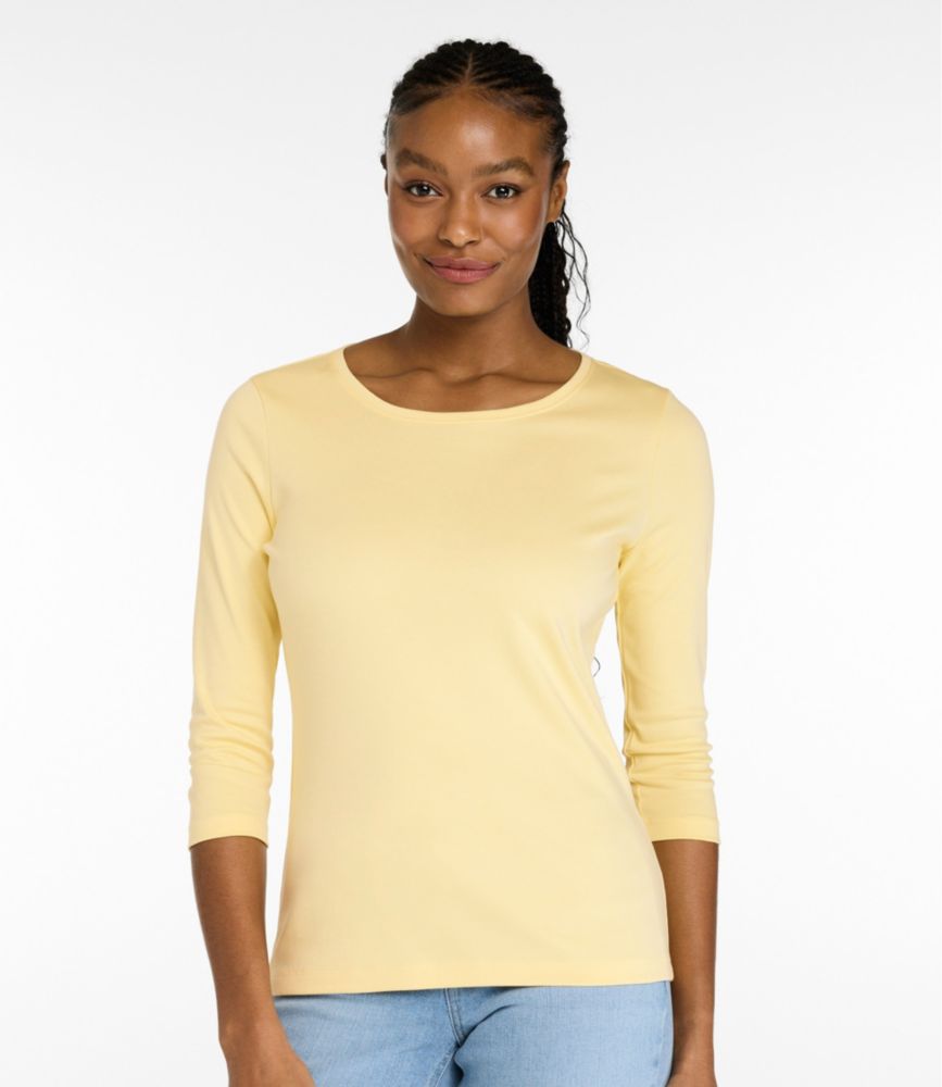 Women's Pima Cotton Shaped Tee, Three-Quarter-Sleeve Jewelneck