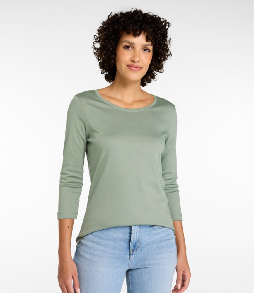Women's Pima Cotton Shaped Tee, Three-Quarter-Sleeve Jewelneck