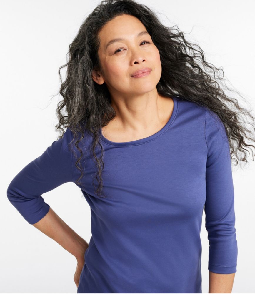 Women's Pima Cotton Shaped Tee, Three-Quarter-Sleeve Jewelneck