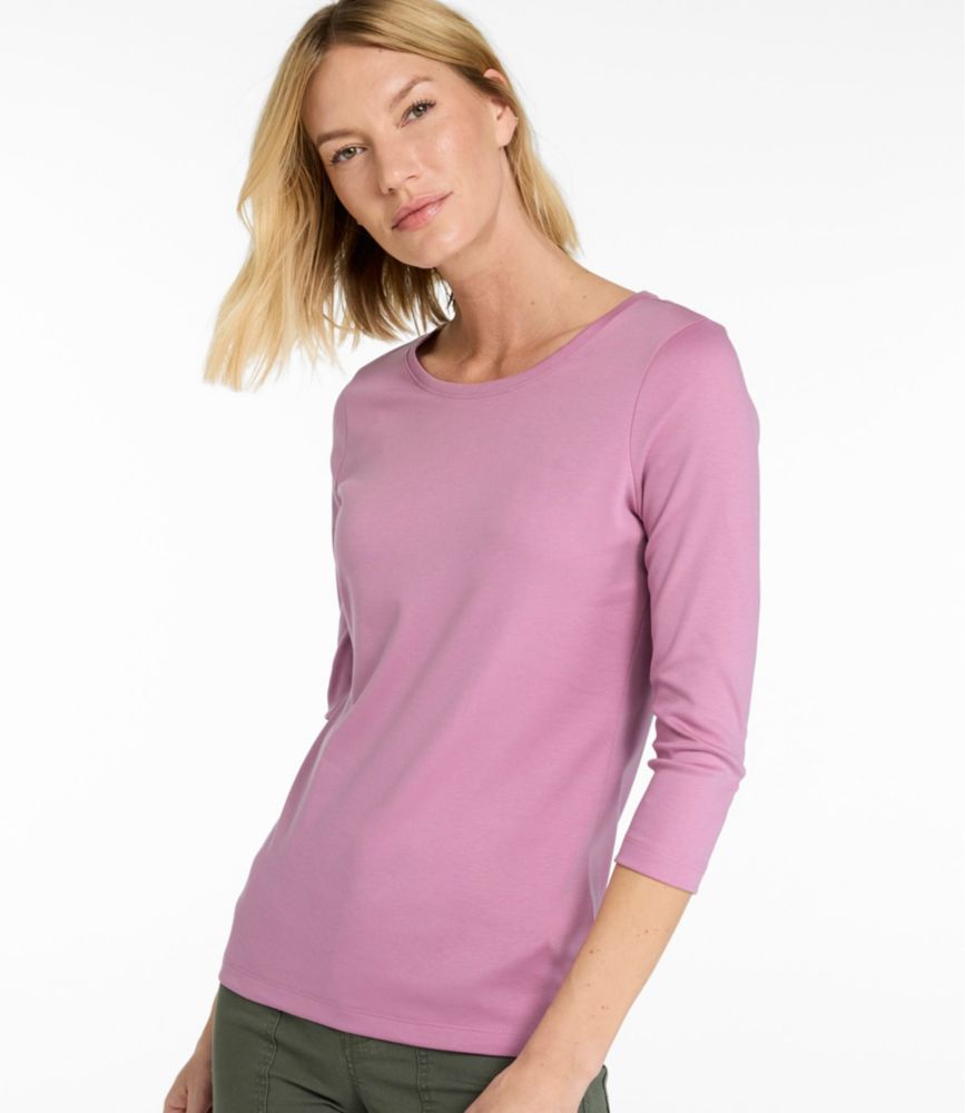 Women's Pima Cotton Shaped Tee, Three-Quarter-Sleeve Jewelneck